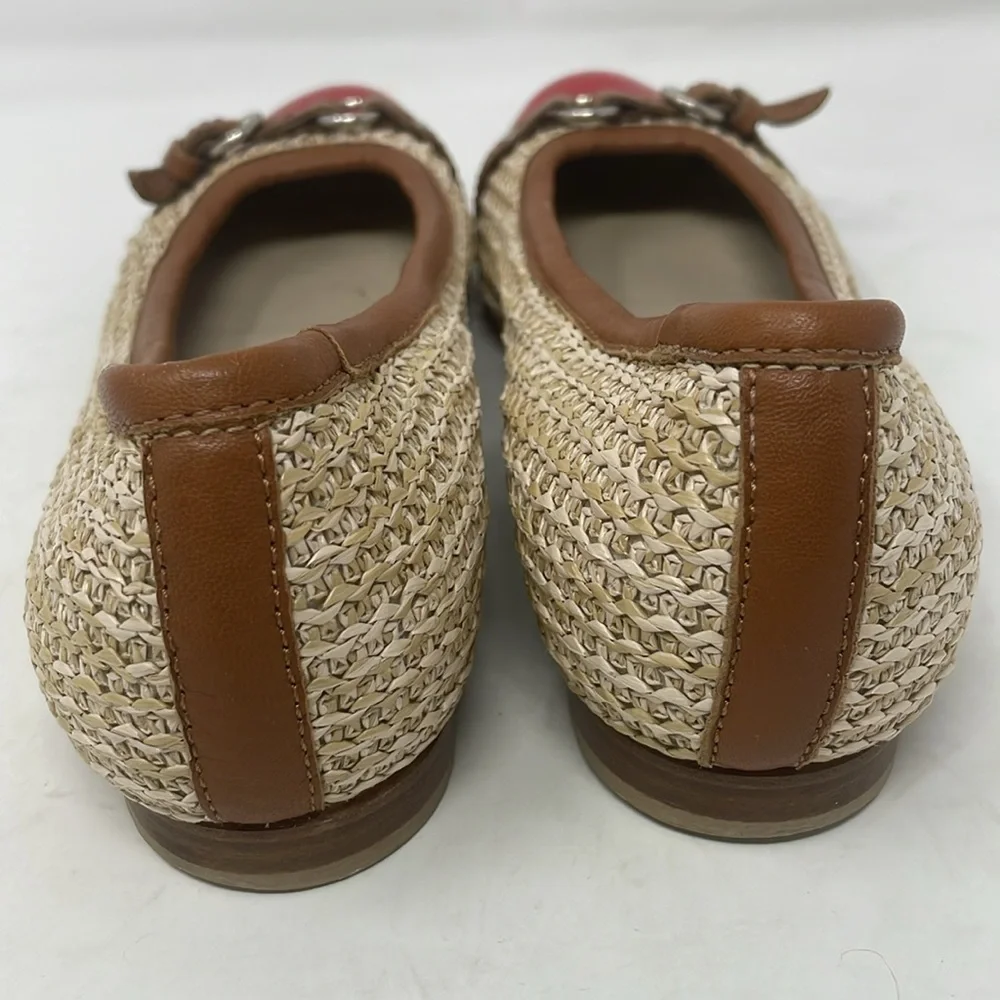 AGL Attilio Giusti Leombruni Red Patent Tan Straw Woven Ballet Flats Size 37